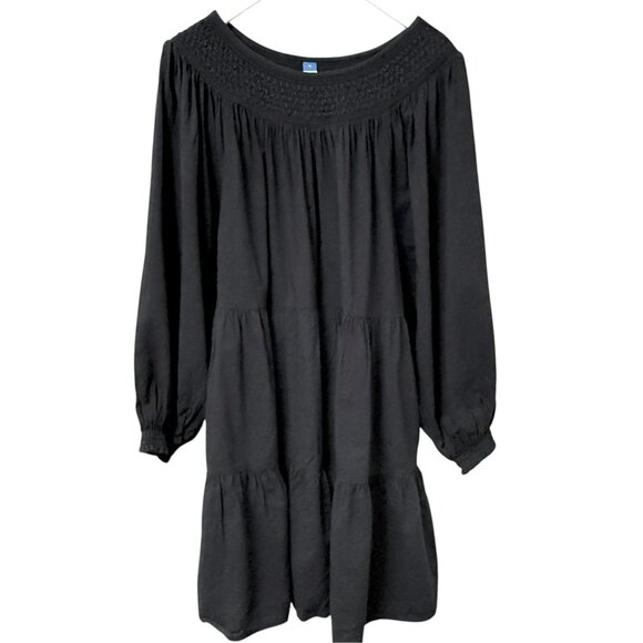 Old Navy Black Tiered Peasant Dress XL Smocked Cotton Blend Pockets Knee Length - Picture 1 of 9